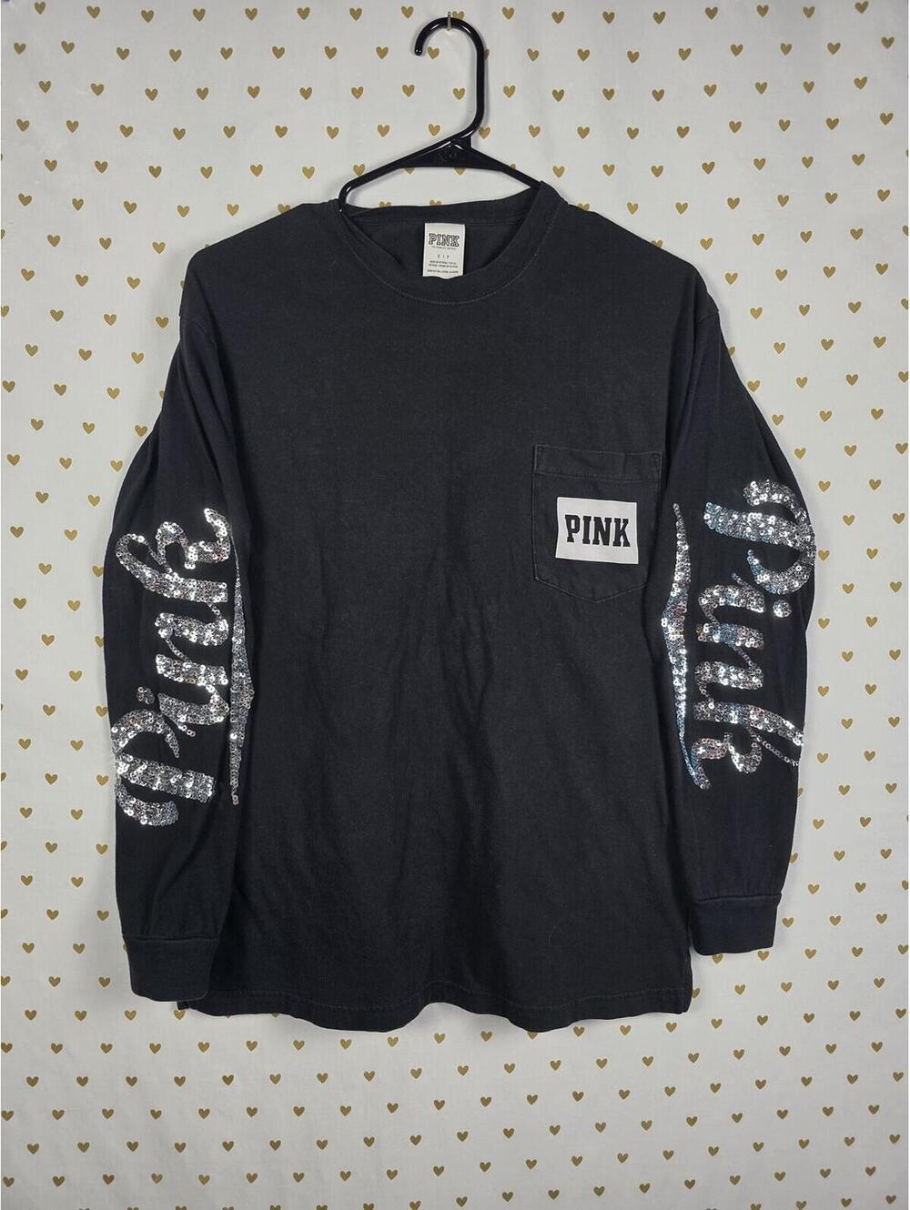 Victorias Secret PINK Campus Pocket Tee BLING Long Sleeve Black SMALL